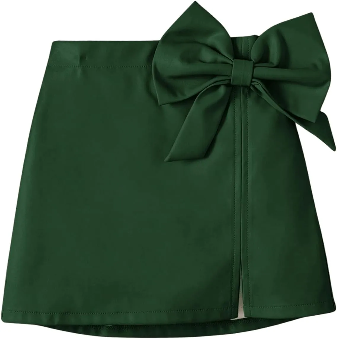 Girl's Cute PU Leather Skirt Elastic High Waist Split Hem Bow Front Mini Skirts