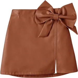 Girl's Cute PU Leather Skirt Elastic High Waist Split Hem Bow Front Mini Skirts