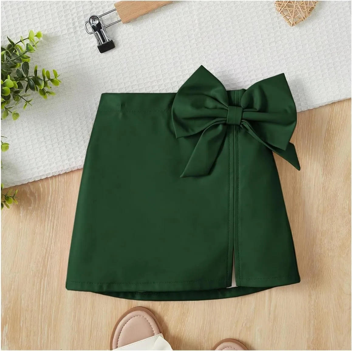 Girl's Cute PU Leather Skirt Elastic High Waist Split Hem Bow Front Mini Skirts