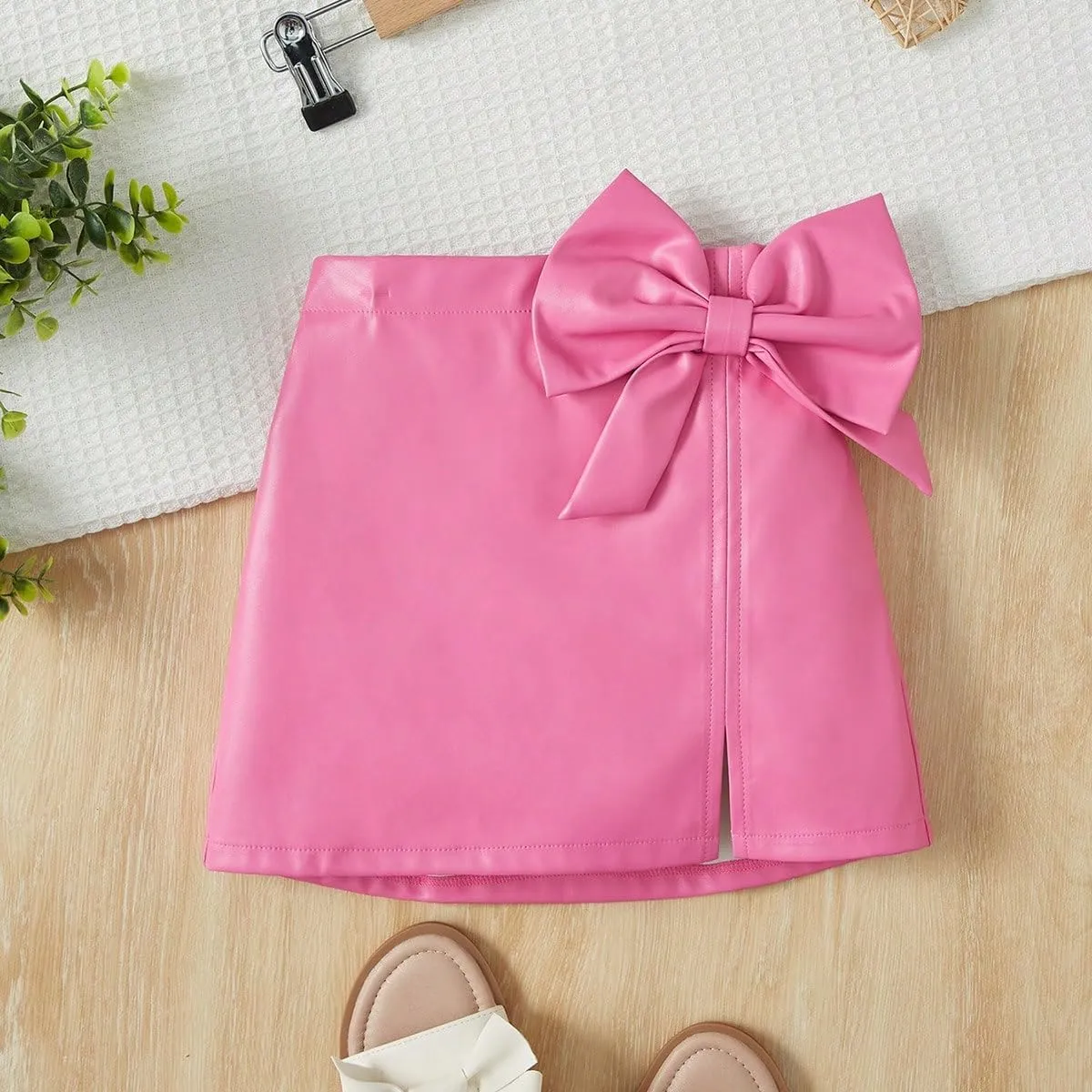 Girl's Cute PU Leather Skirt Elastic High Waist Split Hem Bow Front Mini Skirts