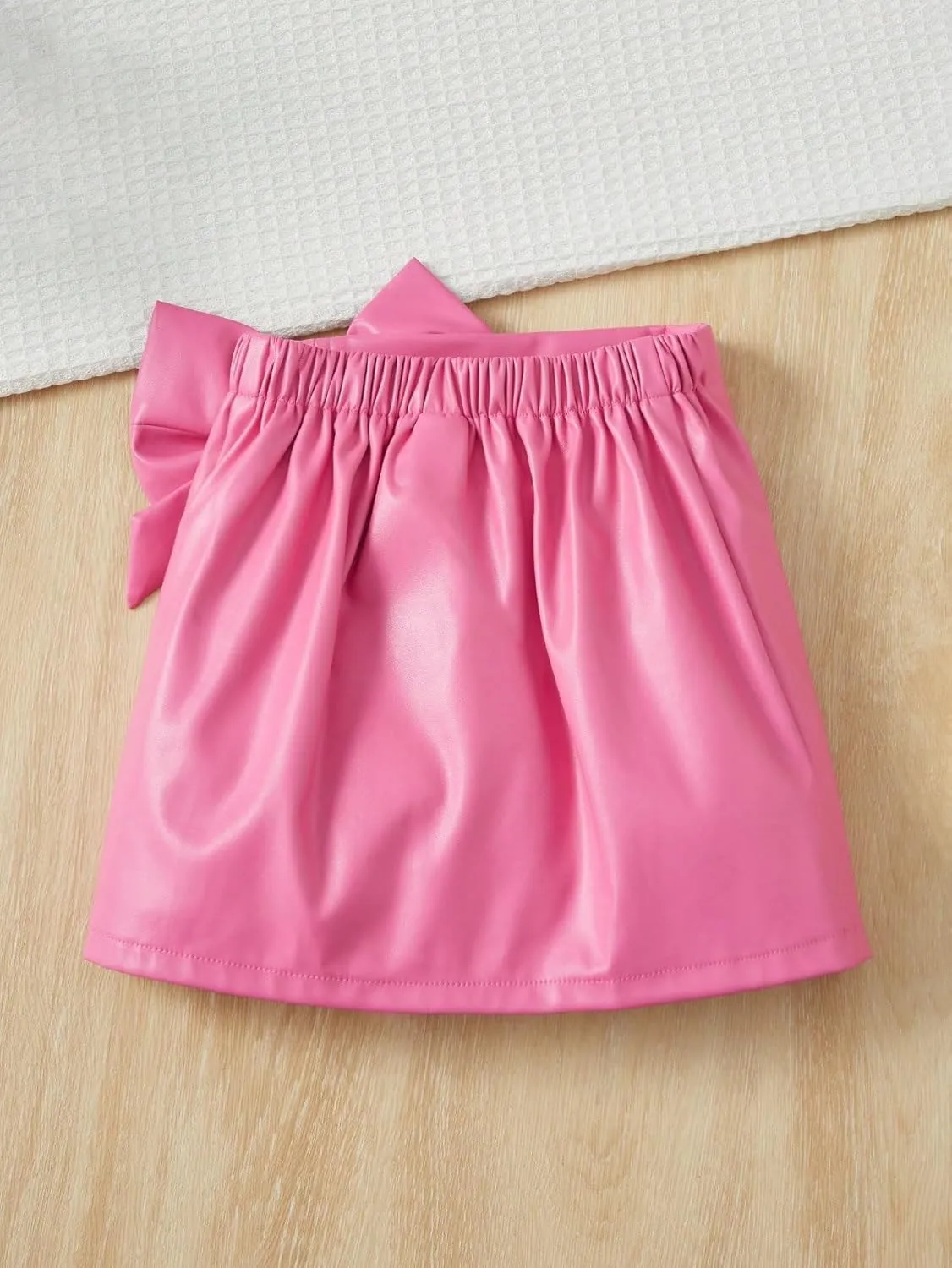 Girl's Cute PU Leather Skirt Elastic High Waist Split Hem Bow Front Mini Skirts
