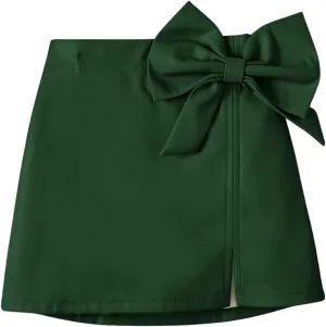 Girl's Cute PU Leather Skirt Elastic High Waist Split Hem Bow Front Mini Skirts