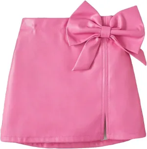 Girl's Cute PU Leather Skirt Elastic High Waist Split Hem Bow Front Mini Skirts