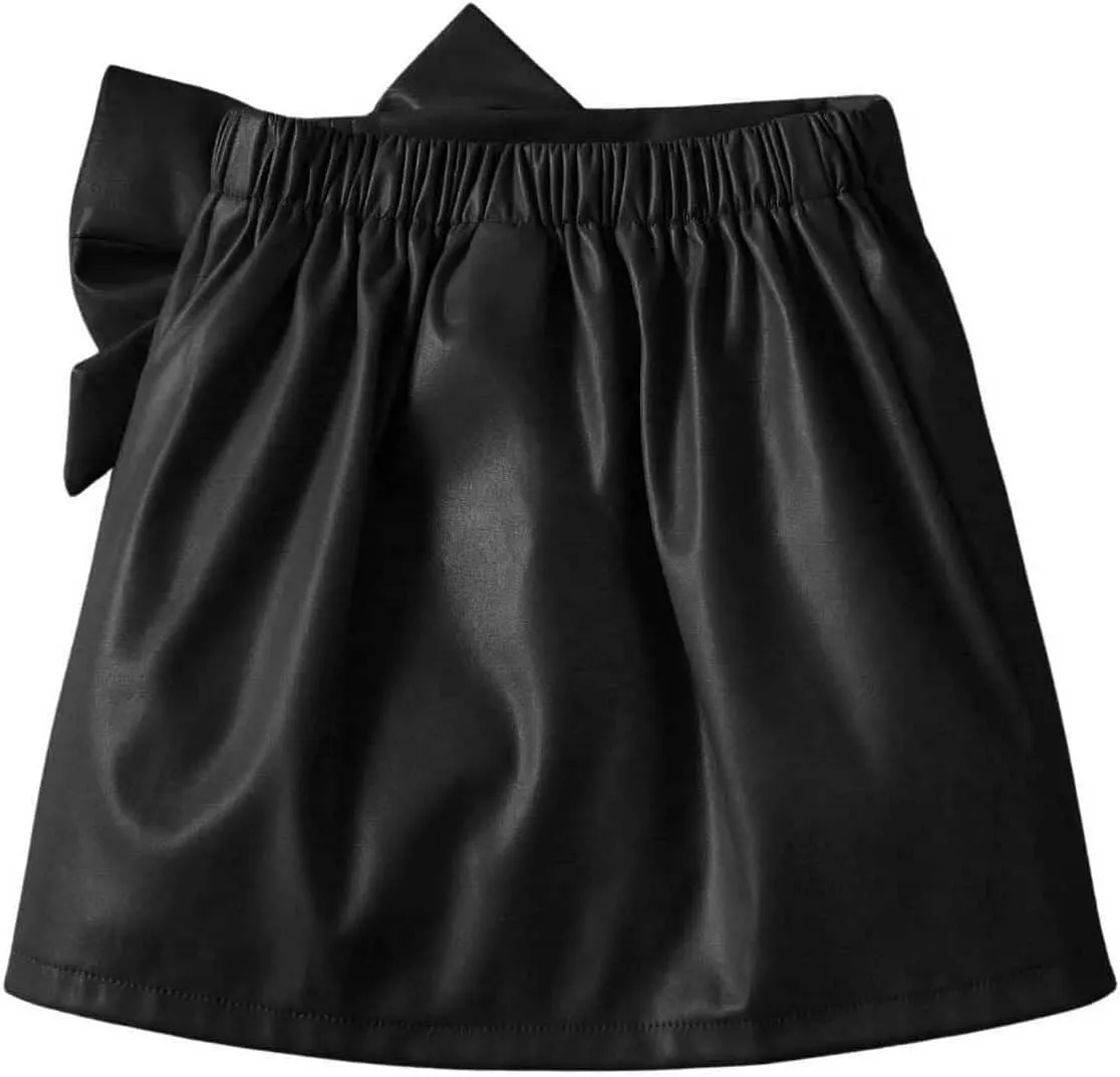 Girl's Cute PU Leather Skirt Elastic High Waist Split Hem Bow Front Mini Skirts