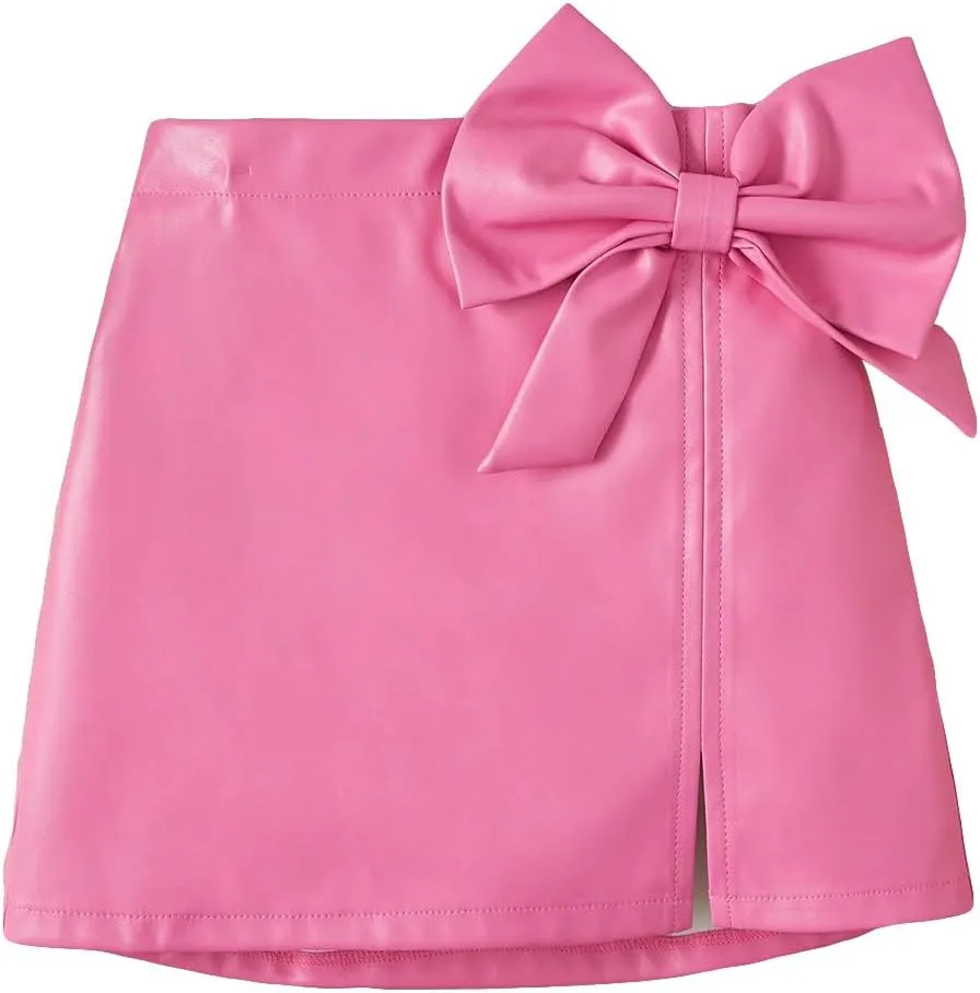 Girl's Cute PU Leather Skirt Elastic High Waist Split Hem Bow Front Mini Skirts