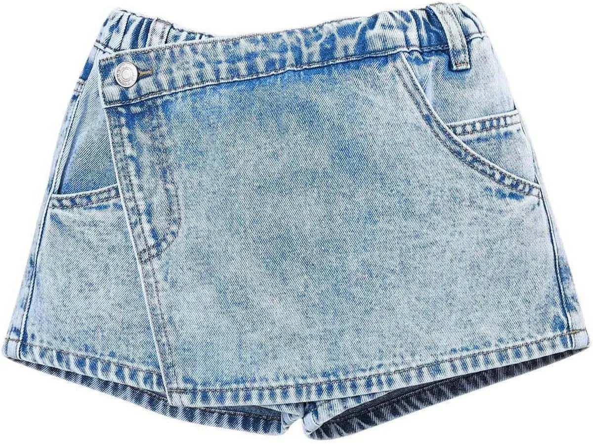 Girl's Solid High Waist Straight Leg Wrap Ripped Denim Shorts Zipper Denim Skort with Pocket