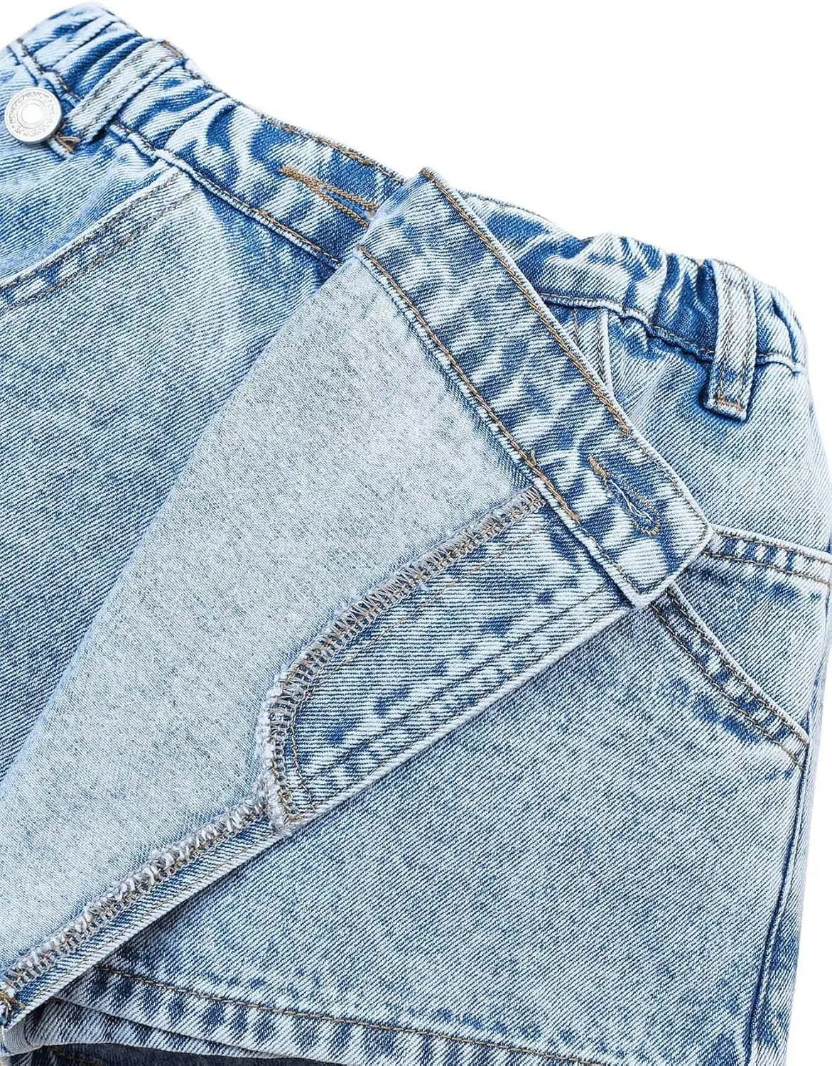 Girl's Solid High Waist Straight Leg Wrap Ripped Denim Shorts Zipper Denim Skort with Pocket