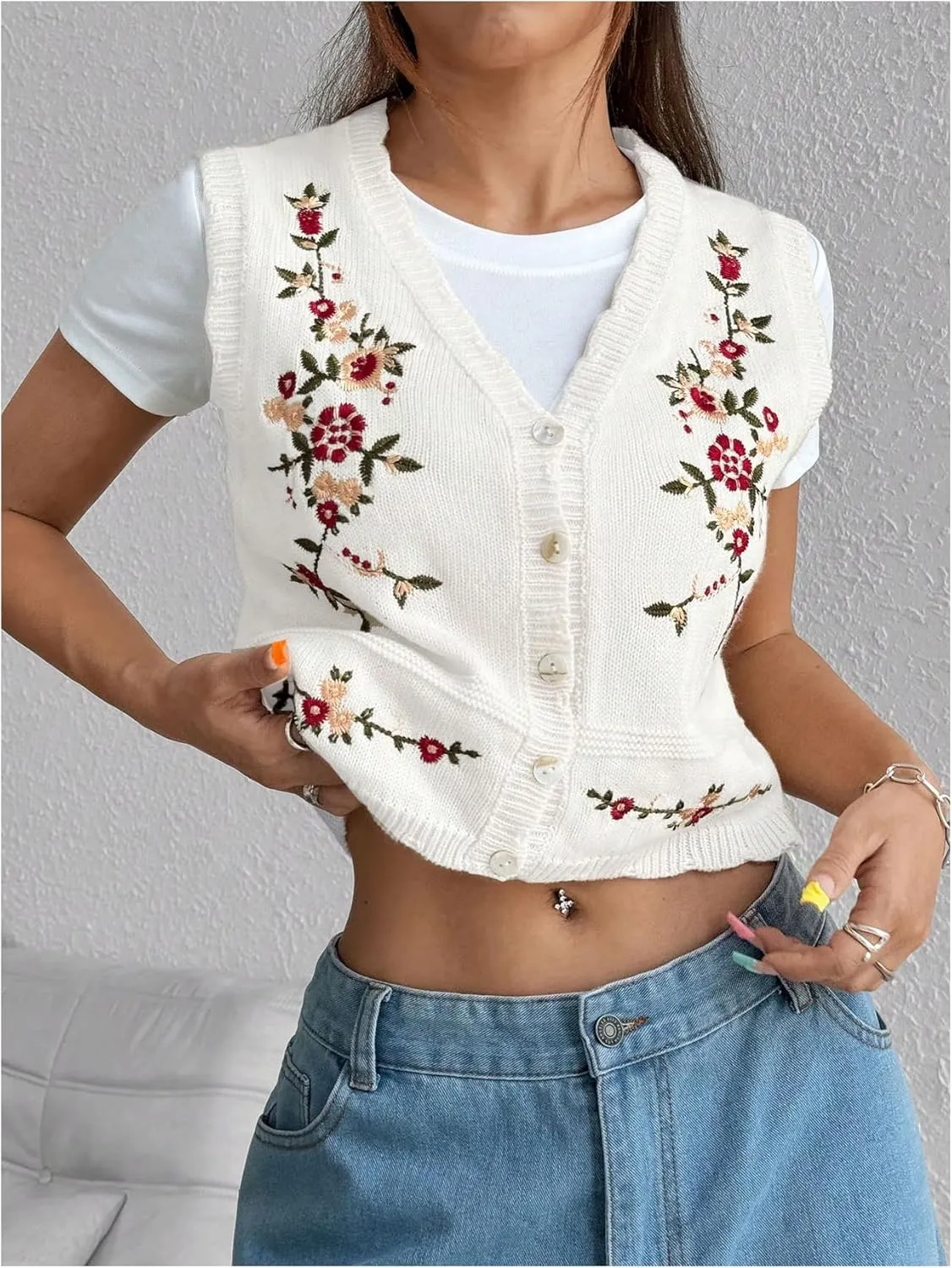 GORGLITTER Women's Flower Embroidery Vintage Sweater Vest Sleeveless Western Country Concert Cardigan Tops