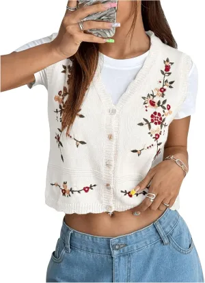 GORGLITTER Women's Flower Embroidery Vintage Sweater Vest Sleeveless Western Country Concert Cardigan Tops