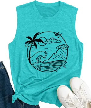 Here Comes The Sun Tank Tops Women Sunshine Graphic Sleeveless Vintage Travel Vacation Tops Summer Beach Shirts