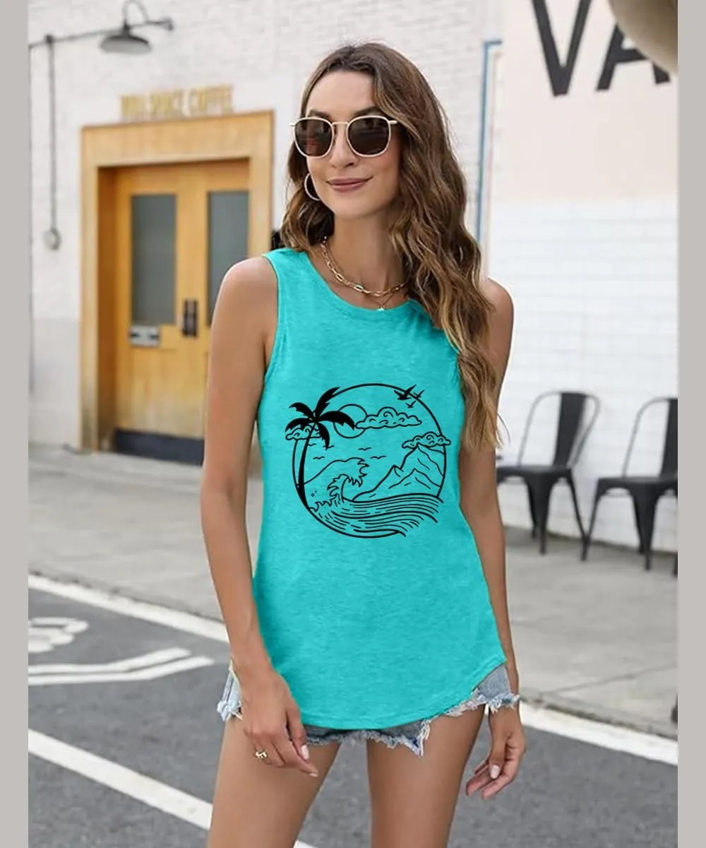 Here Comes The Sun Tank Tops Women Sunshine Graphic Sleeveless Vintage Travel Vacation Tops Summer Beach Shirts