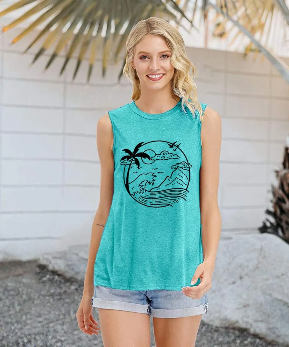Here Comes The Sun Tank Tops Women Sunshine Graphic Sleeveless Vintage Travel Vacation Tops Summer Beach Shirts