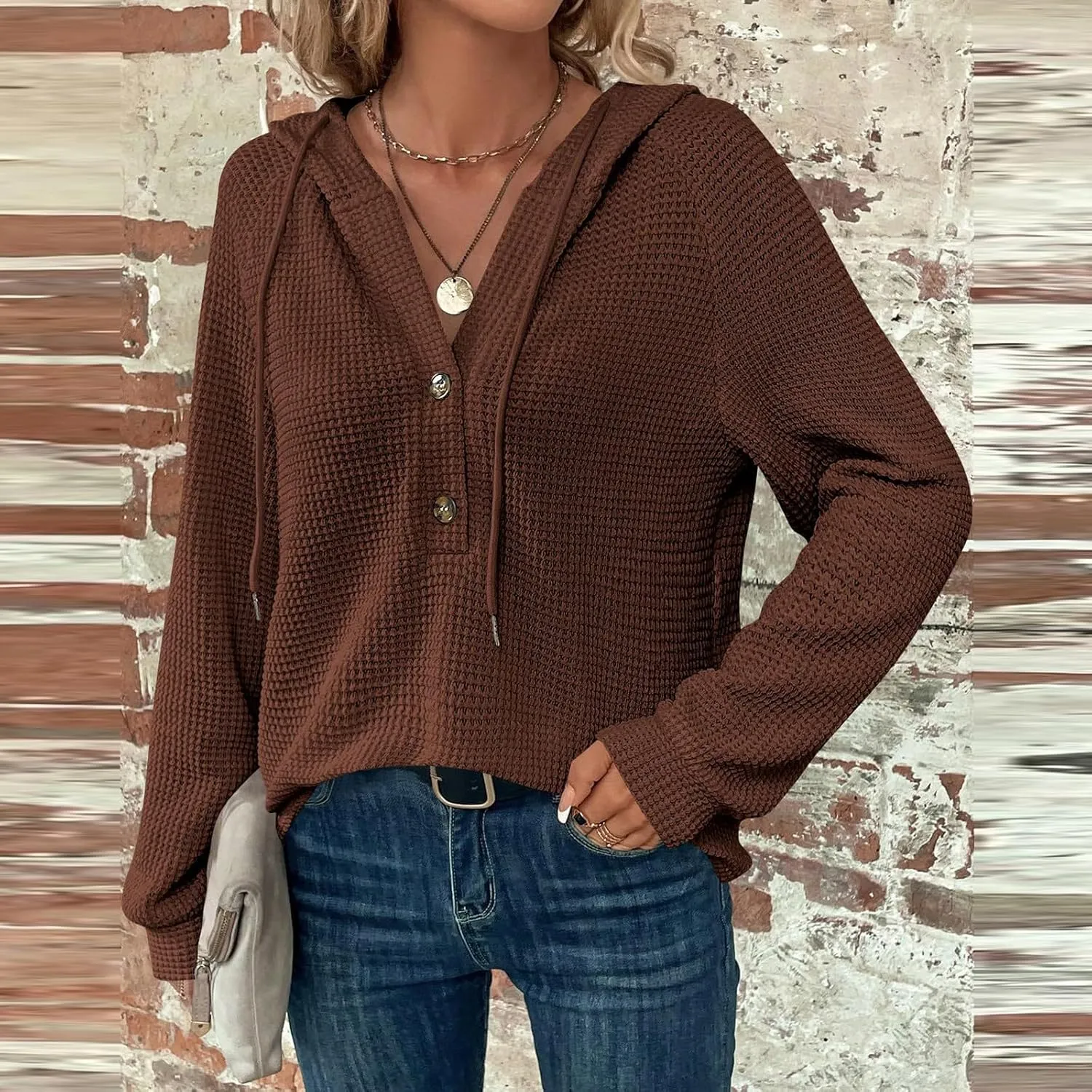 Hoodies For Women Trendy Long Sleeve V Neck Buttons Shirts Fashion Pullover Waffle Kint Tops Oversized Sweatshirts