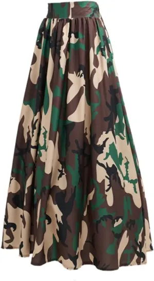 HS-LK Women Stretchy High Waisted A-line Swing Skirt Camo Print Pleated Flared Maxi Skirt