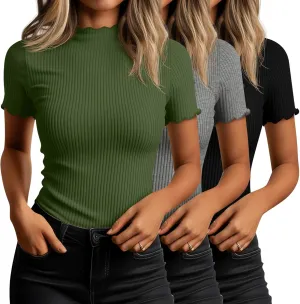 Huukeay 3 Pack Women's Mock Turtleneck Short Sleeve Tops Cotton Ribbed Lettuce Trim T Shirts Slim Fit Casual Base Tee