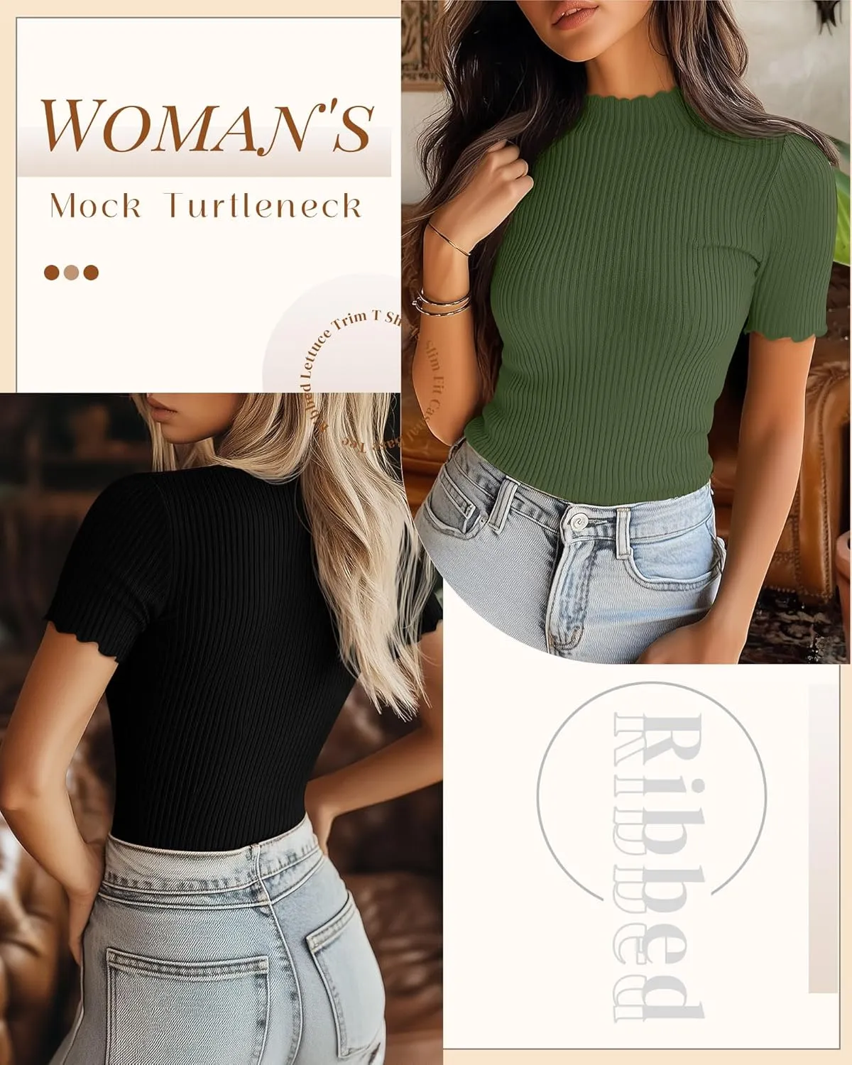 Huukeay 3 Pack Women's Mock Turtleneck Short Sleeve Tops Cotton Ribbed Lettuce Trim T Shirts Slim Fit Casual Base Tee