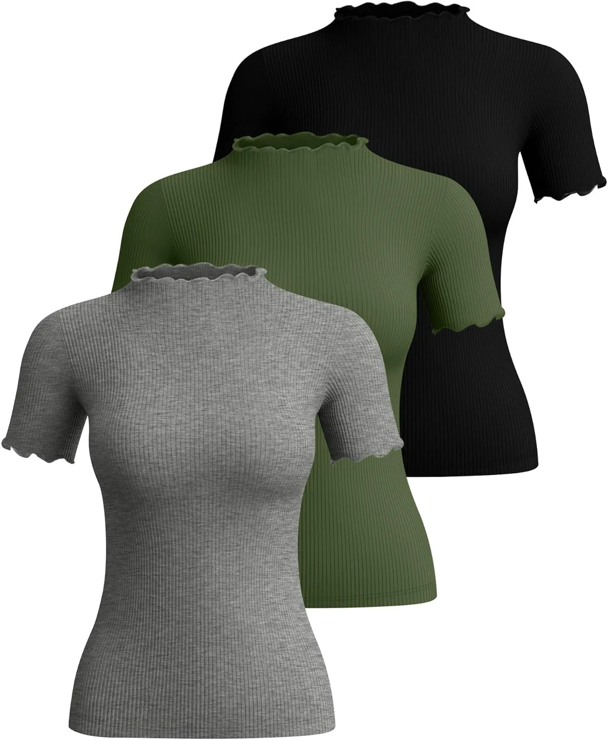 Huukeay 3 Pack Women's Mock Turtleneck Short Sleeve Tops Cotton Ribbed Lettuce Trim T Shirts Slim Fit Casual Base Tee