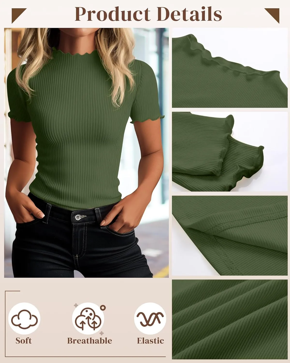 Huukeay 3 Pack Women's Mock Turtleneck Short Sleeve Tops Cotton Ribbed Lettuce Trim T Shirts Slim Fit Casual Base Tee