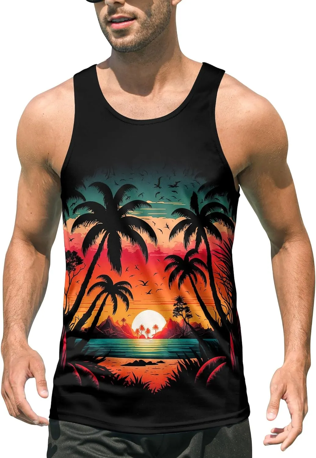 Idgreatim Mens Beach Tank Tops Fashion Graphic Quick Dry Sleeveless Shirt for Beach Workout S-XXL