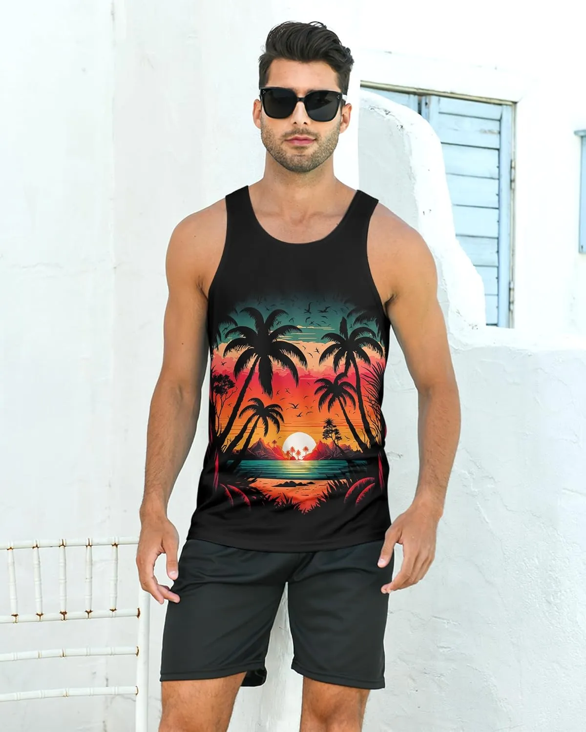 Idgreatim Mens Beach Tank Tops Fashion Graphic Quick Dry Sleeveless Shirt for Beach Workout S-XXL
