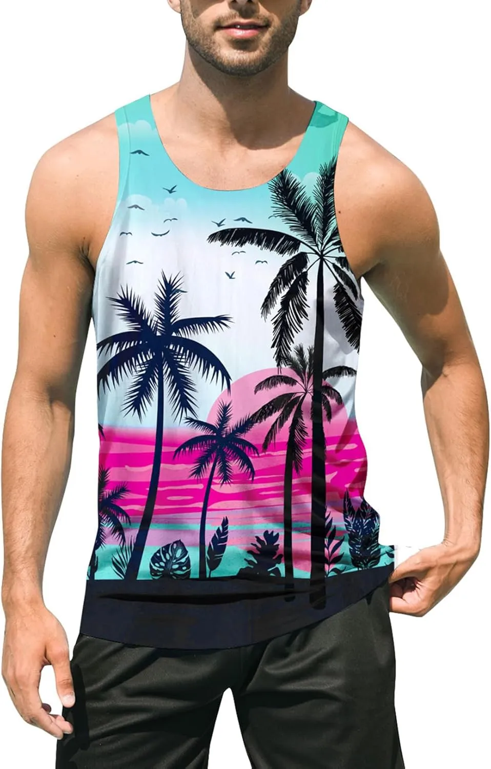 Idgreatim Mens Beach Tank Tops Fashion Graphic Quick Dry Sleeveless Shirt for Beach Workout S-XXL