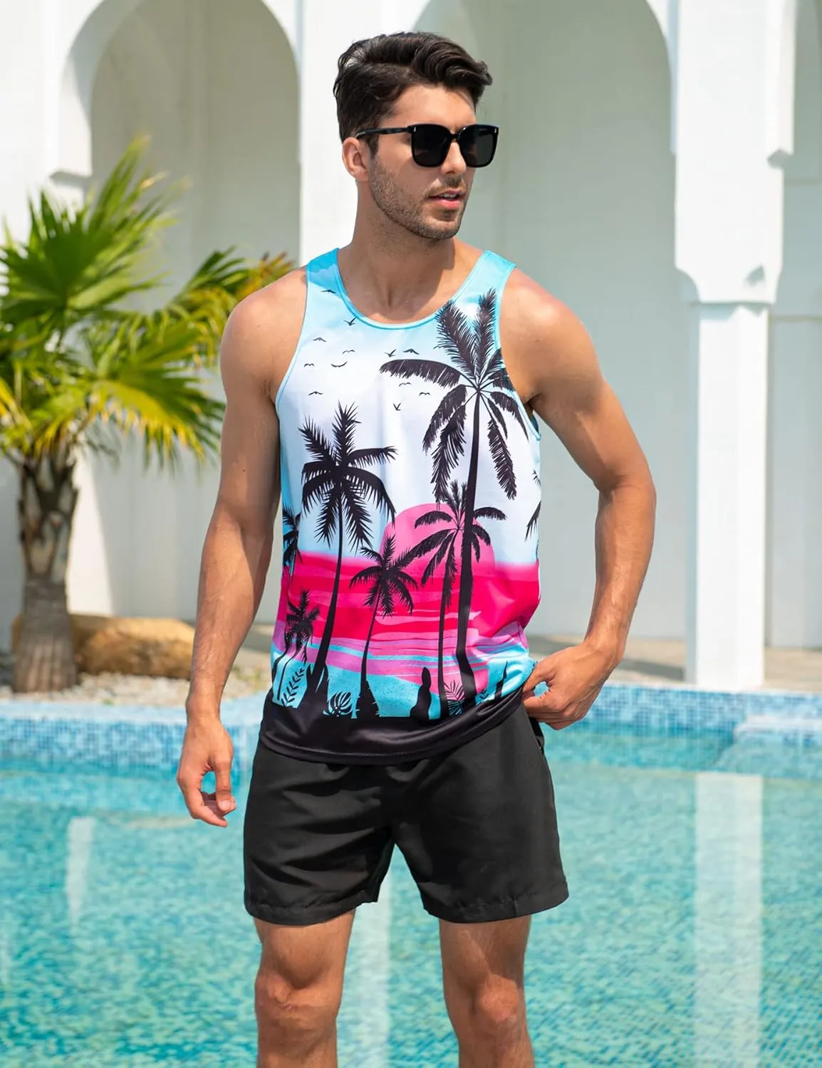 Idgreatim Mens Beach Tank Tops Fashion Graphic Quick Dry Sleeveless Shirt for Beach Workout S-XXL