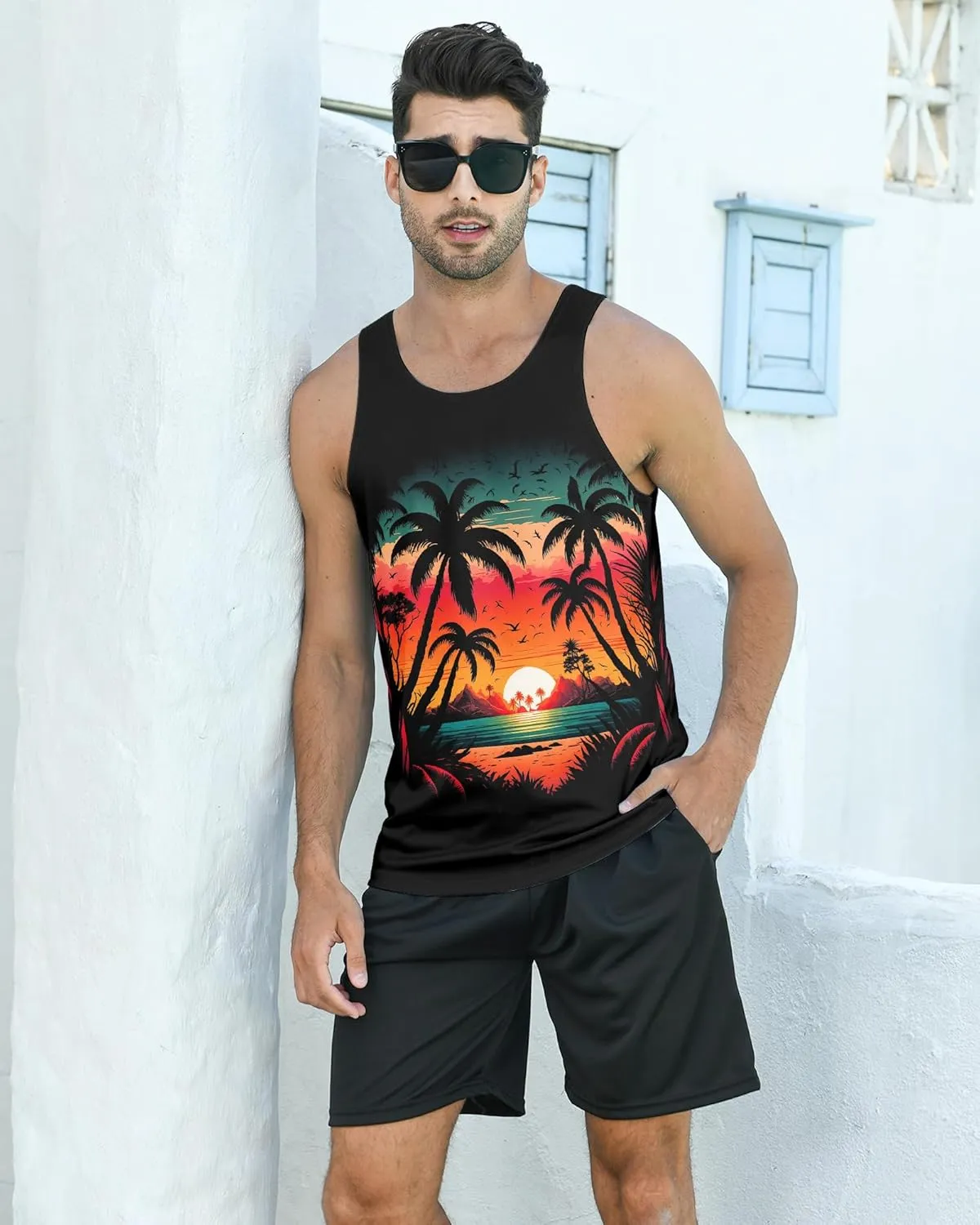 Idgreatim Mens Beach Tank Tops Fashion Graphic Quick Dry Sleeveless Shirt for Beach Workout S-XXL