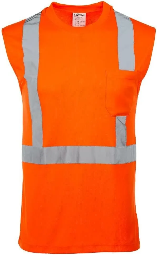 J. J. Keller & Associates, Inc. High Visibility T Shirt for Men, Sleeveless, ANSI Class 2 Type R, Chest Pocket, SAFEGEAR