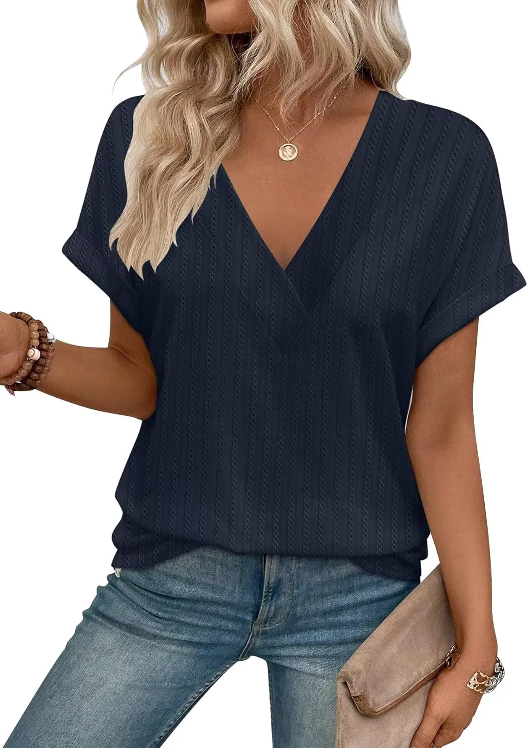 KKJ Womens Tops V Neck Textured Short Sleeve T Shirts Loose Fit Casual Cute Top 2025 Spring Summer Outfits Trendy Clothes