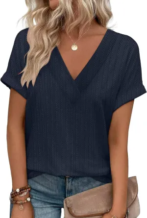KKJ Womens Tops V Neck Textured Short Sleeve T Shirts Loose Fit Casual Cute Top 2025 Spring Summer Outfits Trendy Clothes