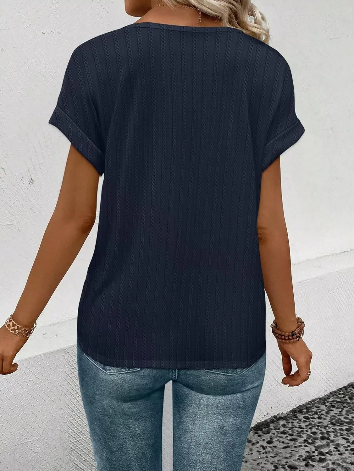 KKJ Womens Tops V Neck Textured Short Sleeve T Shirts Loose Fit Casual Cute Top 2025 Spring Summer Outfits Trendy Clothes