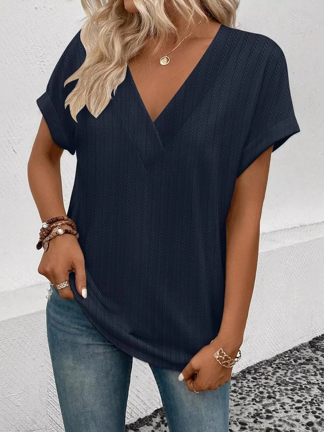 KKJ Womens Tops V Neck Textured Short Sleeve T Shirts Loose Fit Casual Cute Top 2025 Spring Summer Outfits Trendy Clothes