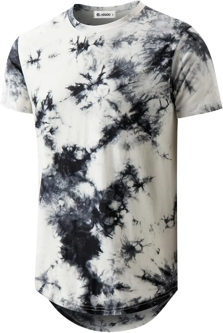 KLIEGOU Mens Hip Hop Tie-Dyed Hipster Curve Hem T Shirt
