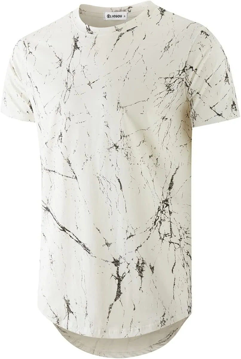 KLIEGOU Mens Hipster Hip Hop Ripped Round Hemline Pattern Print T Shirt