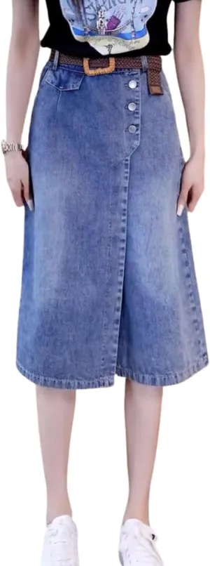 Kwoki Women's High Waisted Denim Skirt Skort Casual Button Up Blue Washed Wide Leg A Line Jean Shorts