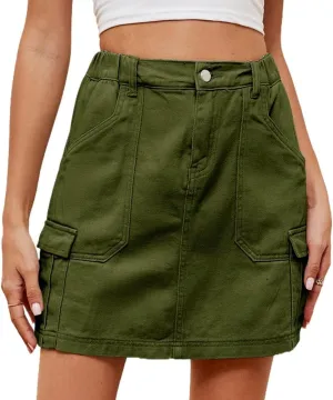 LAFOURAM Womens Denim Skirt Summer with Pockets A Line High Waisted Y2K Cargo Mini Jean Skirts