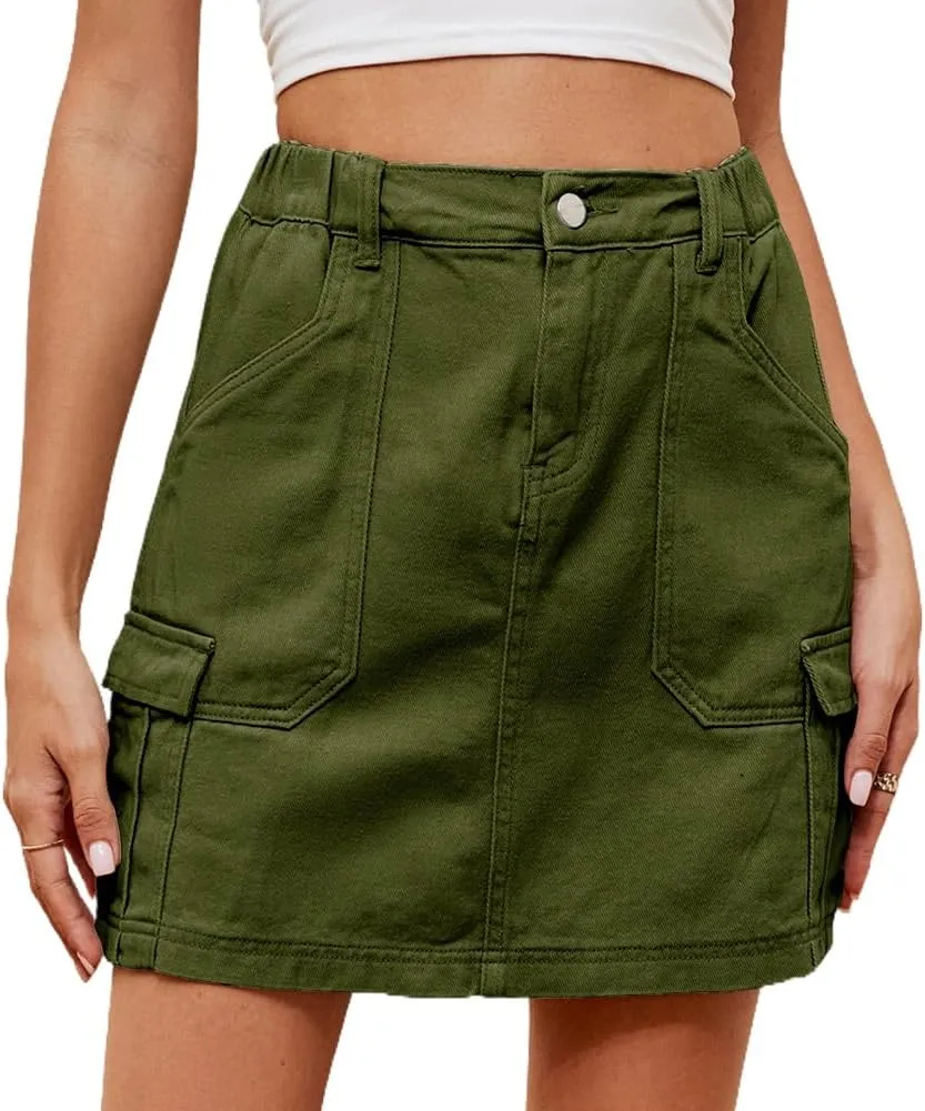LAFOURAM Womens Denim Skirt Summer with Pockets A Line High Waisted Y2K Cargo Mini Jean Skirts