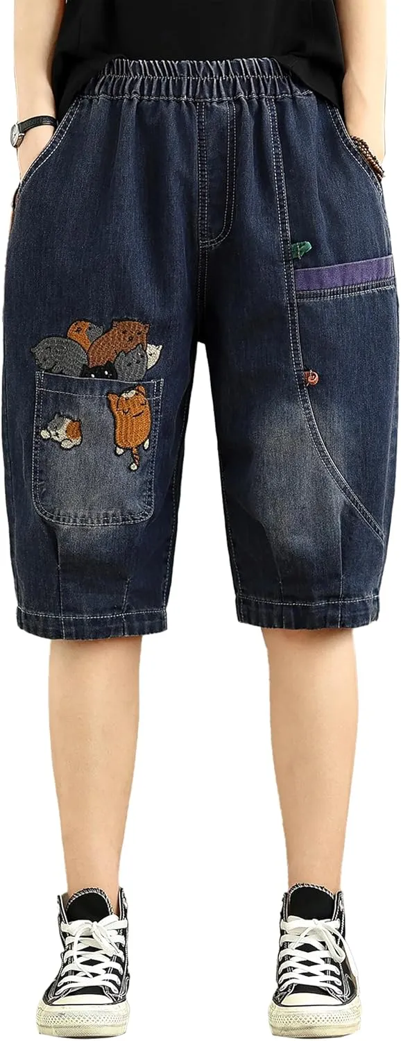 LAI MENG FIVE CATS Women Denim Harem Pants Loose Jeans with Elastic Waist with Pocket