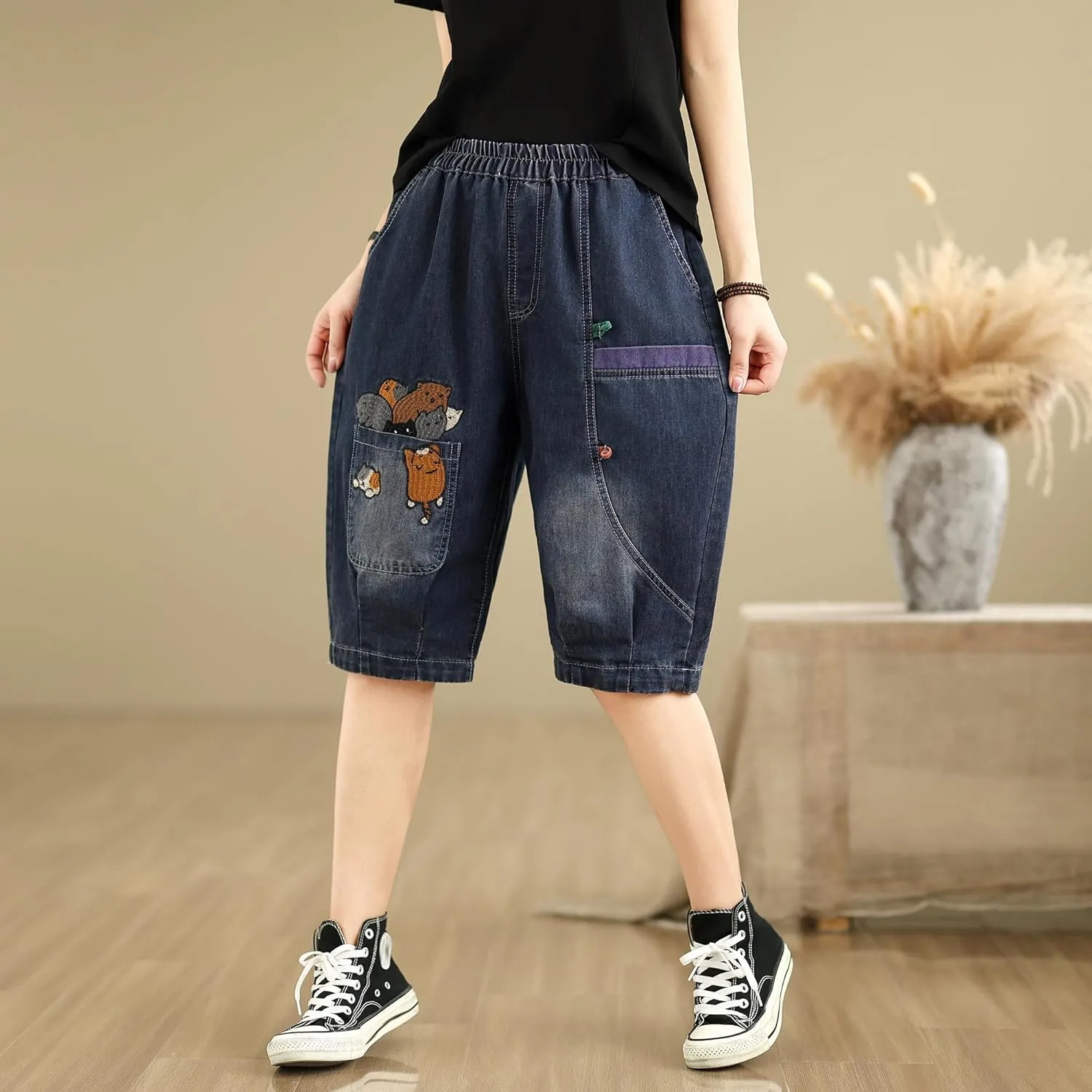 LAI MENG FIVE CATS Women Denim Harem Pants Loose Jeans with Elastic Waist with Pocket