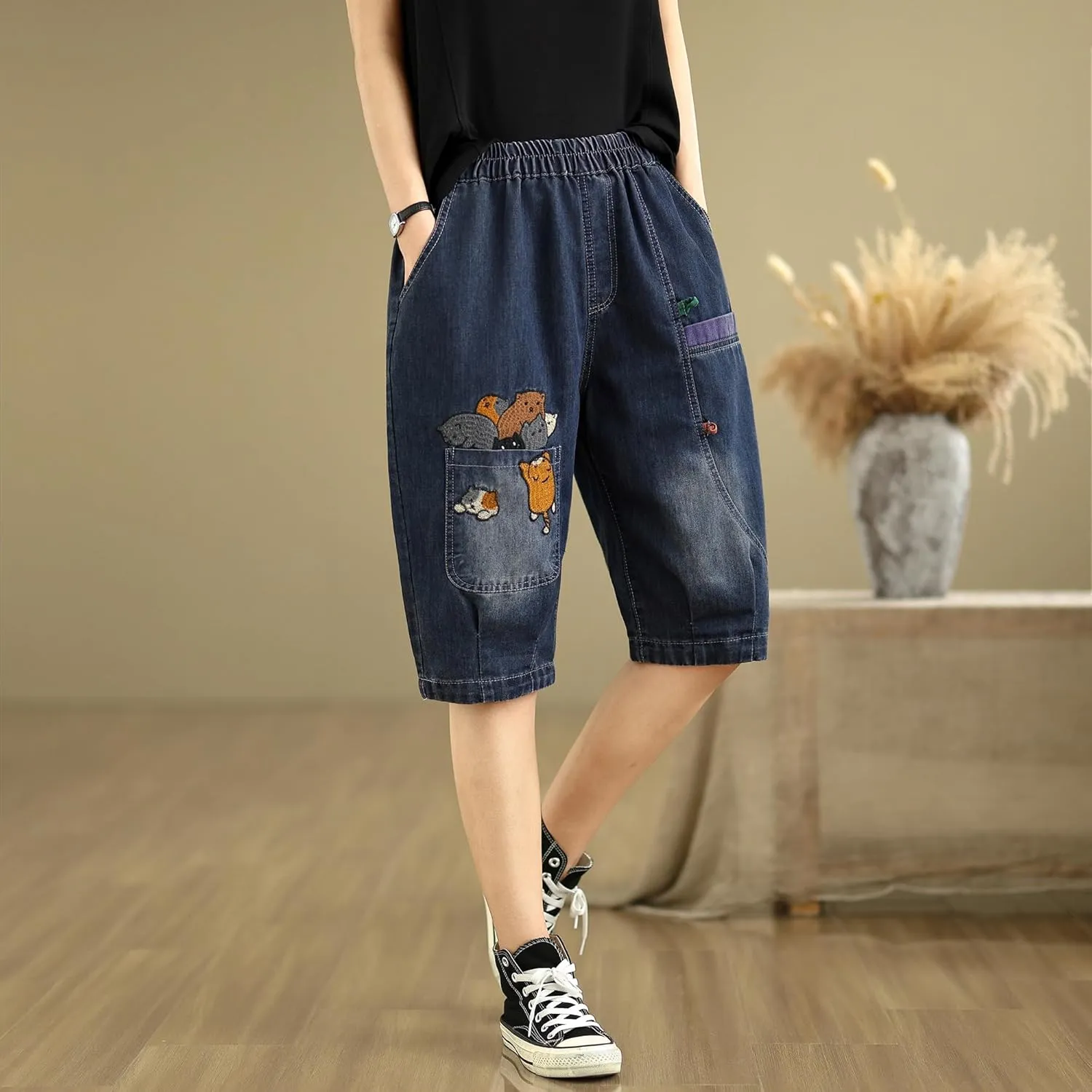 LAI MENG FIVE CATS Women Denim Harem Pants Loose Jeans with Elastic Waist with Pocket