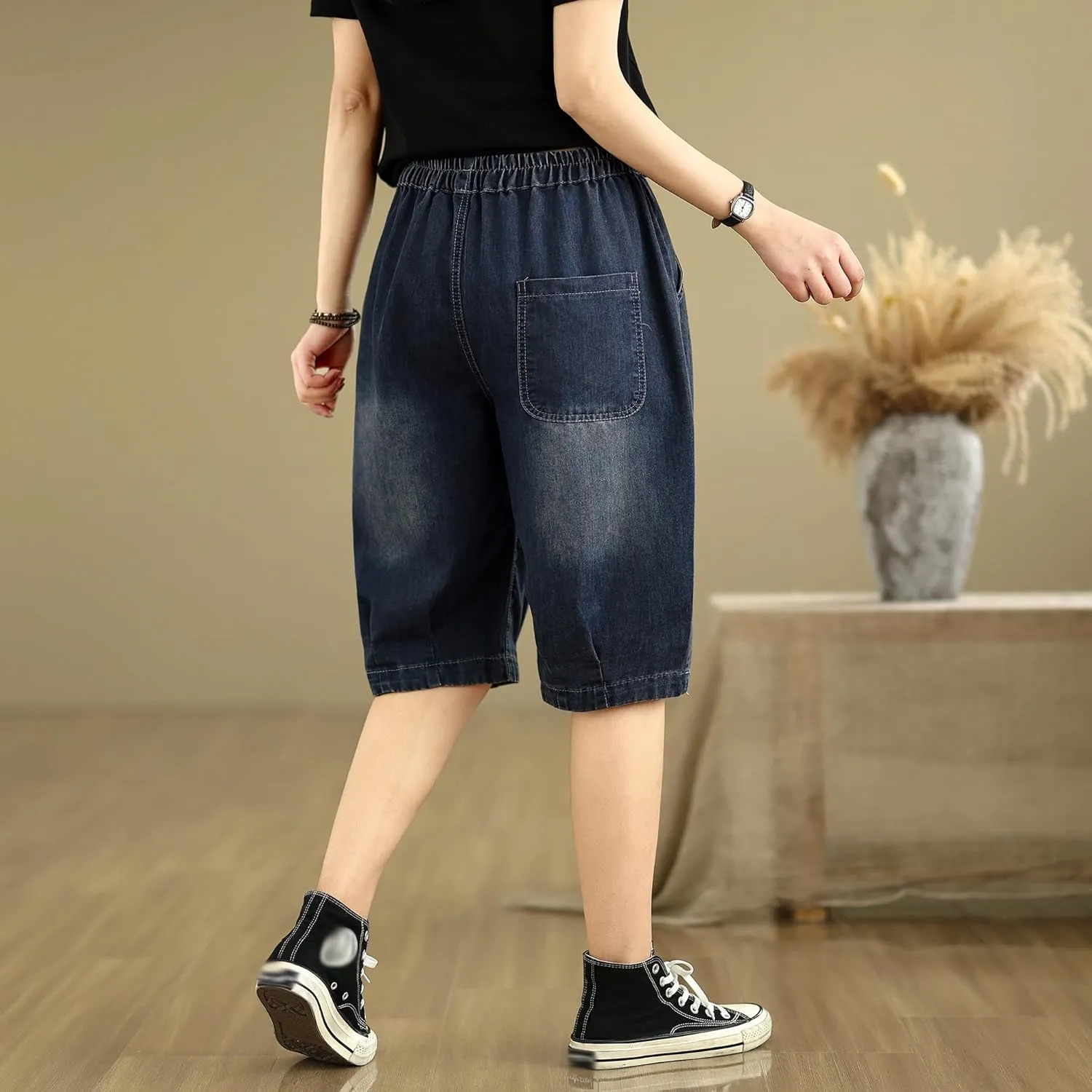 LAI MENG FIVE CATS Women Denim Harem Pants Loose Jeans with Elastic Waist with Pocket