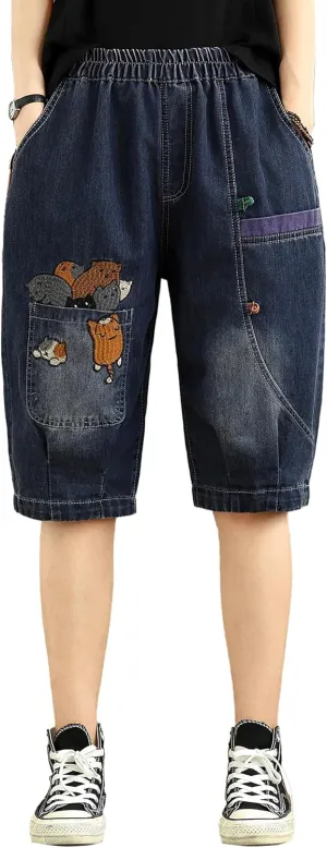 LAI MENG FIVE CATS Women Denim Harem Pants Loose Jeans with Elastic Waist with Pocket