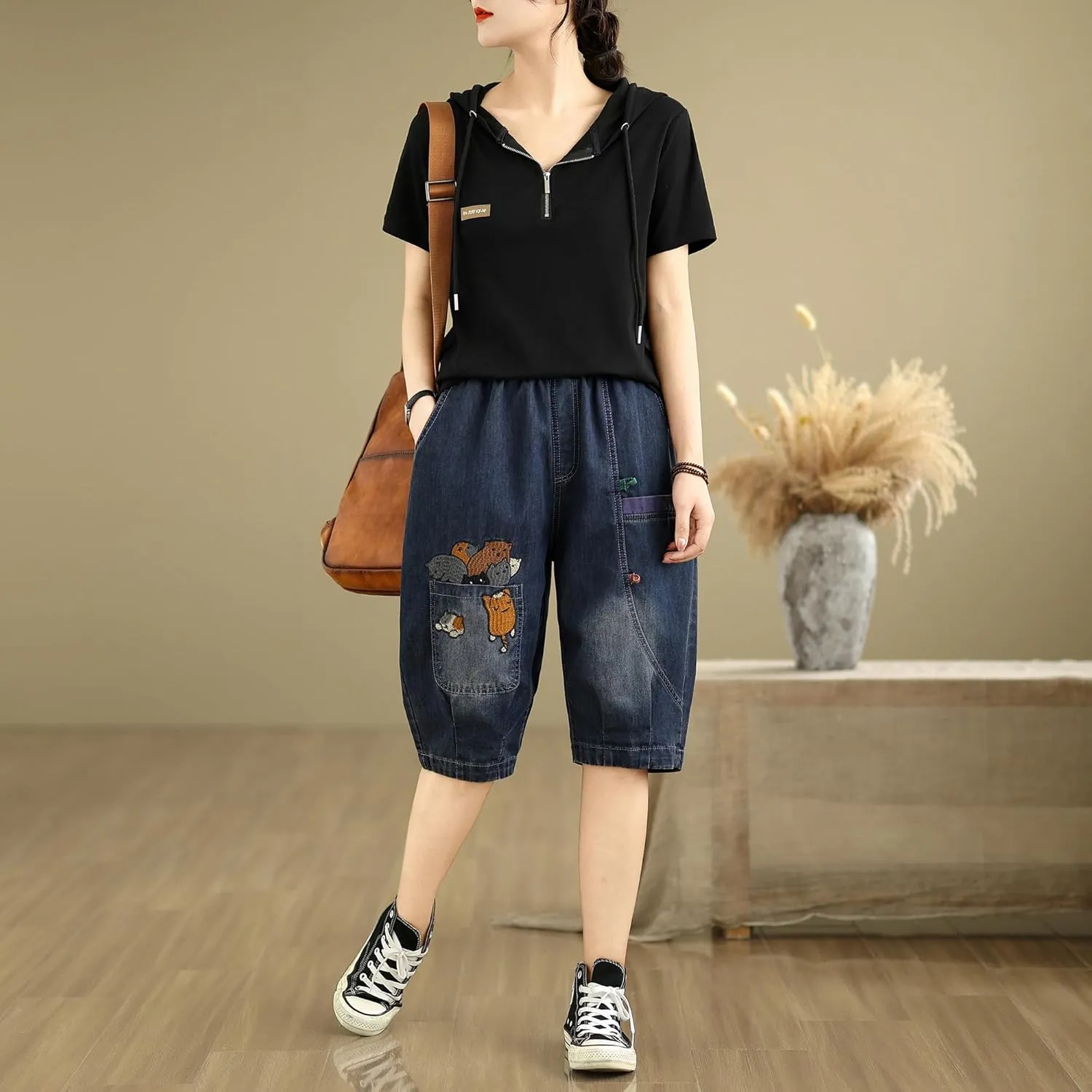 LAI MENG FIVE CATS Women Denim Harem Pants Loose Jeans with Elastic Waist with Pocket