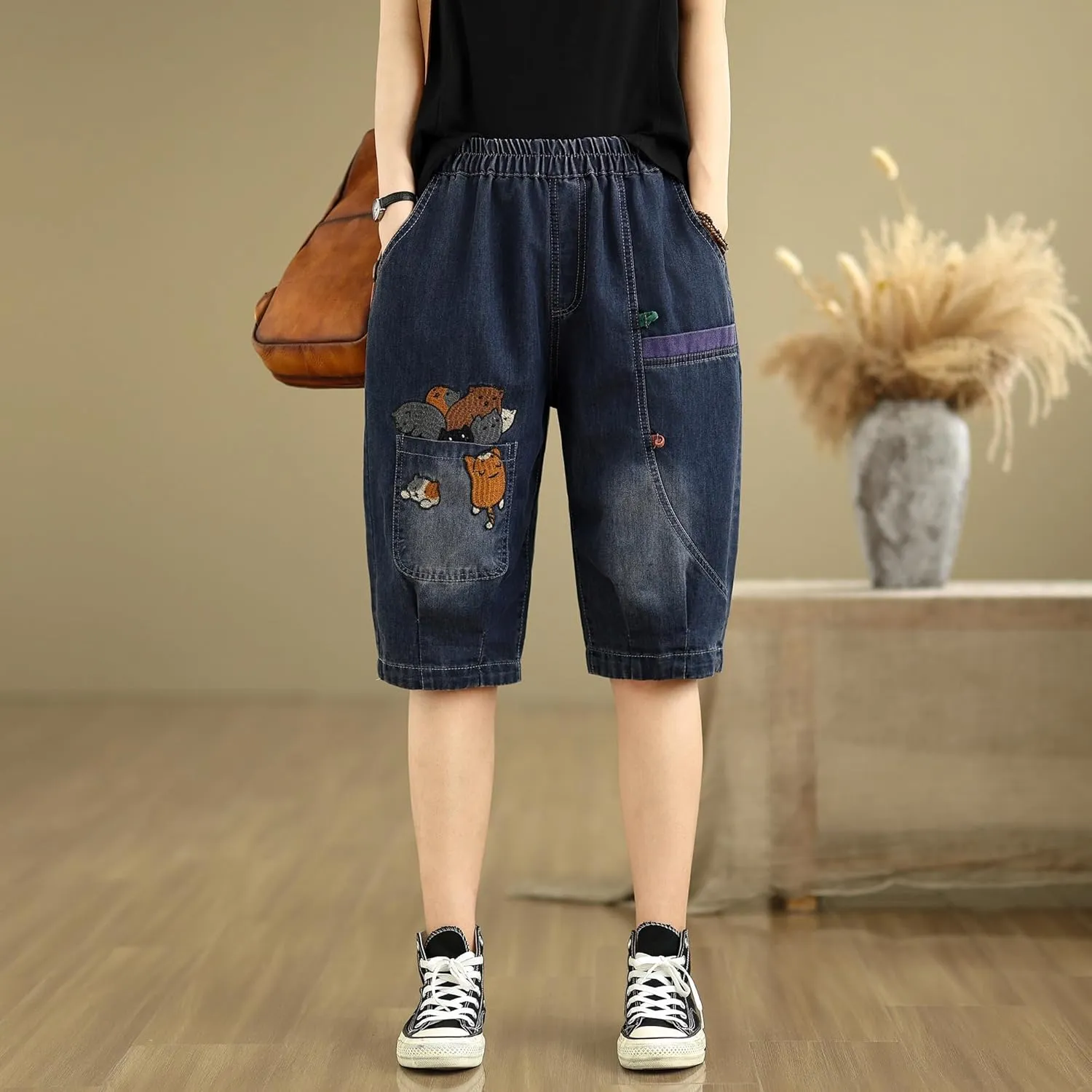 LAI MENG FIVE CATS Women Denim Harem Pants Loose Jeans with Elastic Waist with Pocket