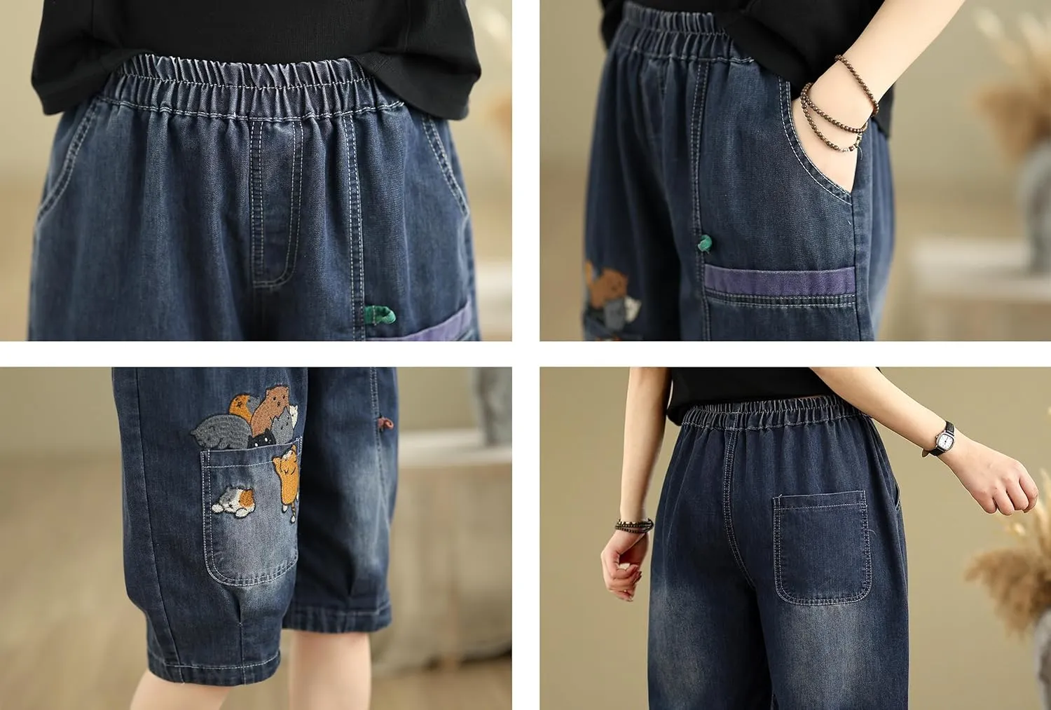 LAI MENG FIVE CATS Women Denim Harem Pants Loose Jeans with Elastic Waist with Pocket