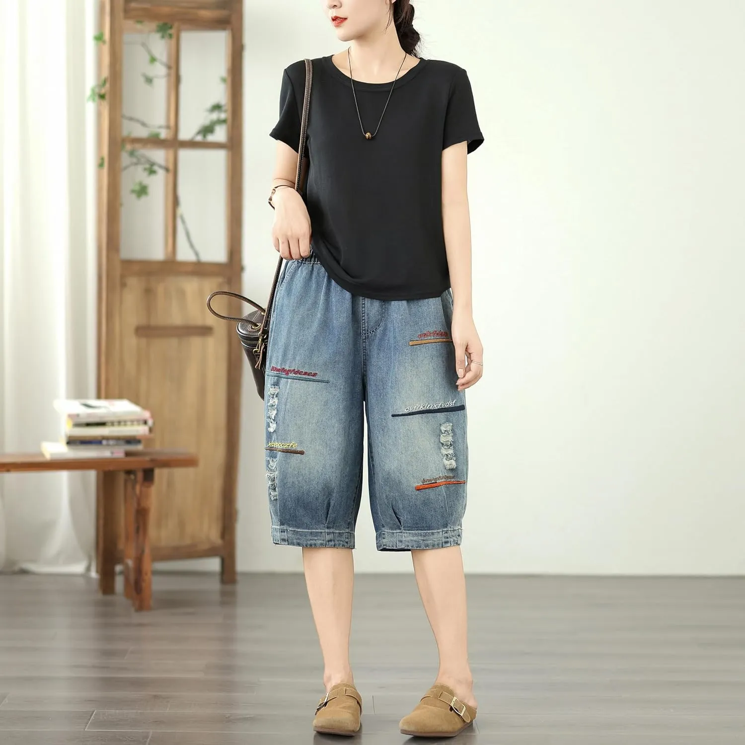 LAI MENG FIVE CATS Women Embroidery Loose Jeans Denim Harem Pants Elastic Waist Pocket