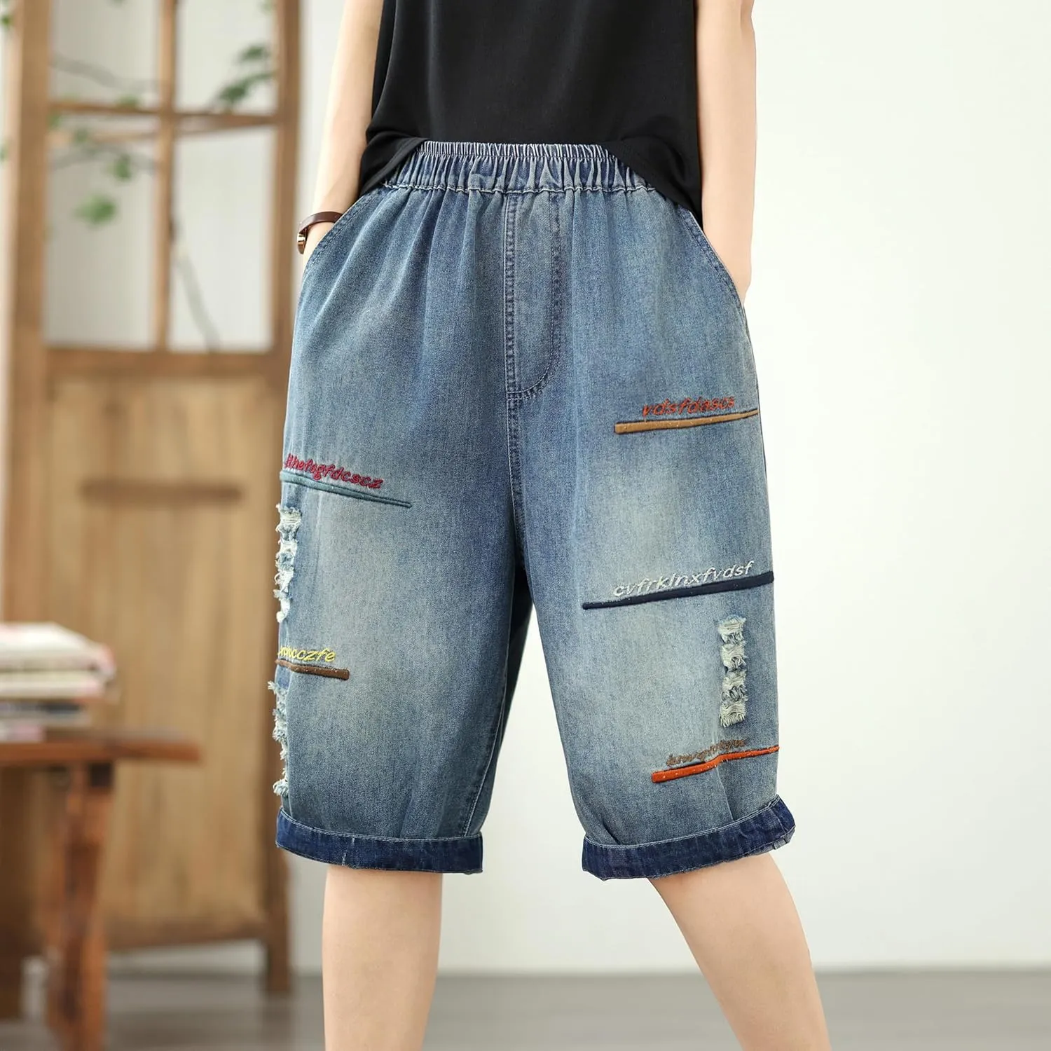 LAI MENG FIVE CATS Women Embroidery Loose Jeans Denim Harem Pants Elastic Waist Pocket