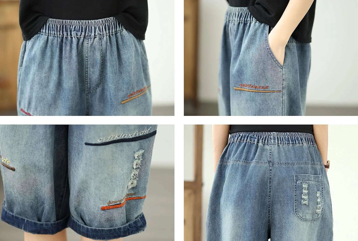 LAI MENG FIVE CATS Women Embroidery Loose Jeans Denim Harem Pants Elastic Waist Pocket