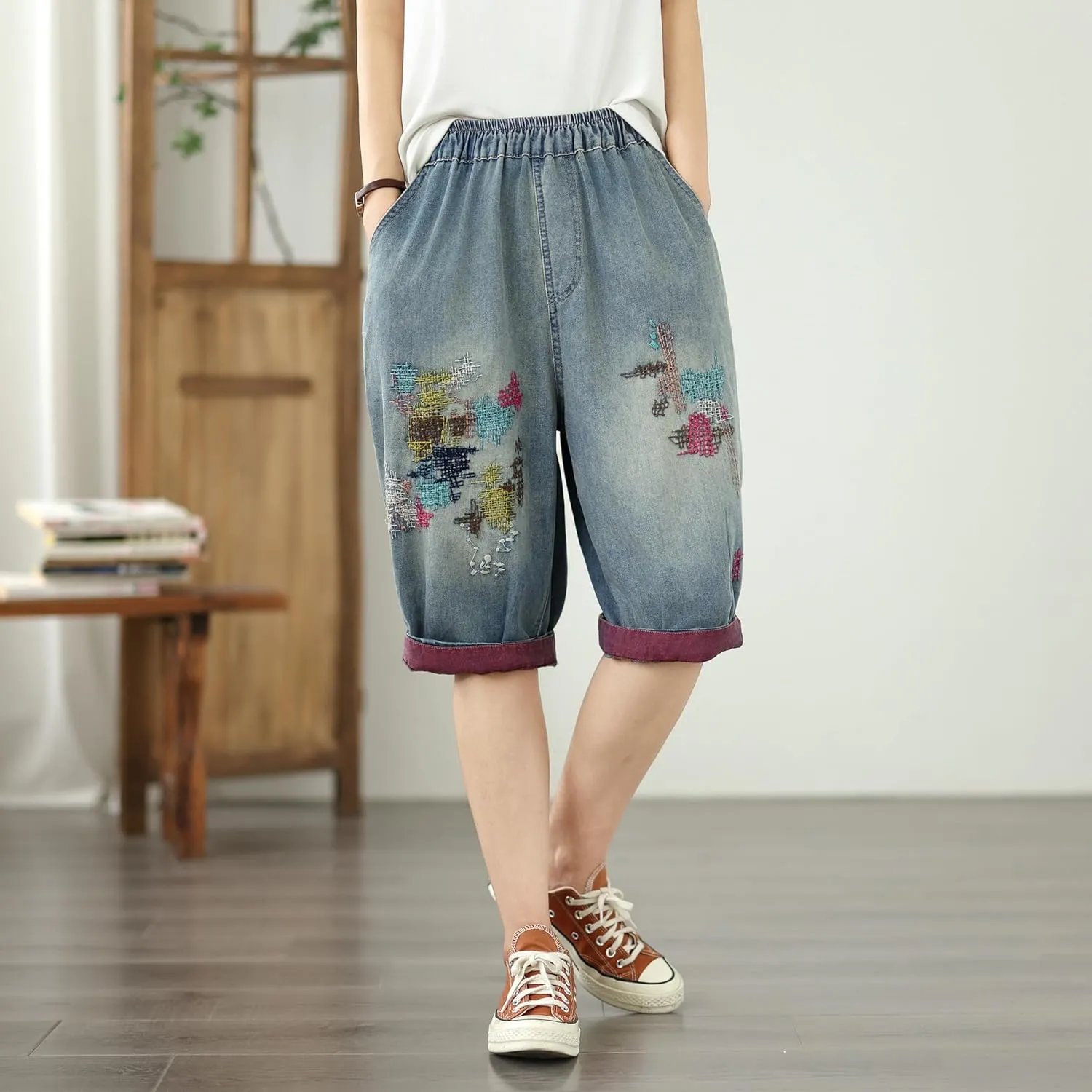 LAI MENG FIVE CATS Women Embroidery Loose Jeans Denim Harem Pants Elastic Waist Pocket