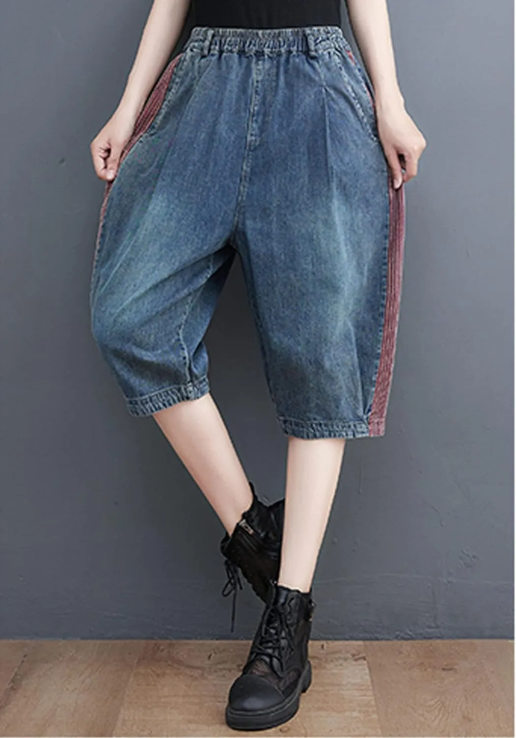 LAI MENG FIVE CATS Women Embroidery Loose Jeans Denim Harem Pants Elastic Waist Pocket